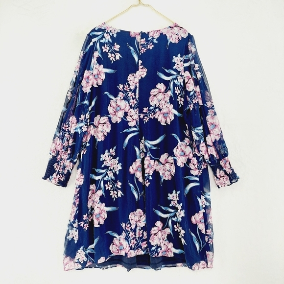 Jessica Howard Blue Pink Floral Long Smocked Sleeve Midi Dress P6933 - Picture 4 of 7